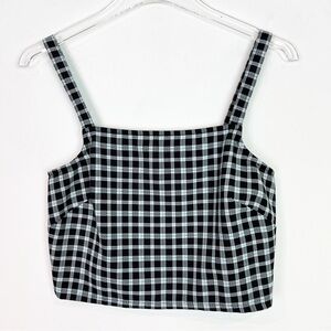 BP BLACK LIGHT BLUE PLAID SLEEVELESS CROP SHIRT SMOCKED BACK SZ SMALL